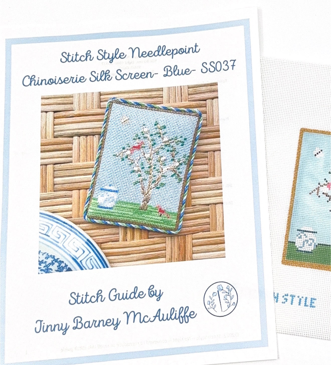 Chinoiserie Silk Screen Blue with Stitch Guide