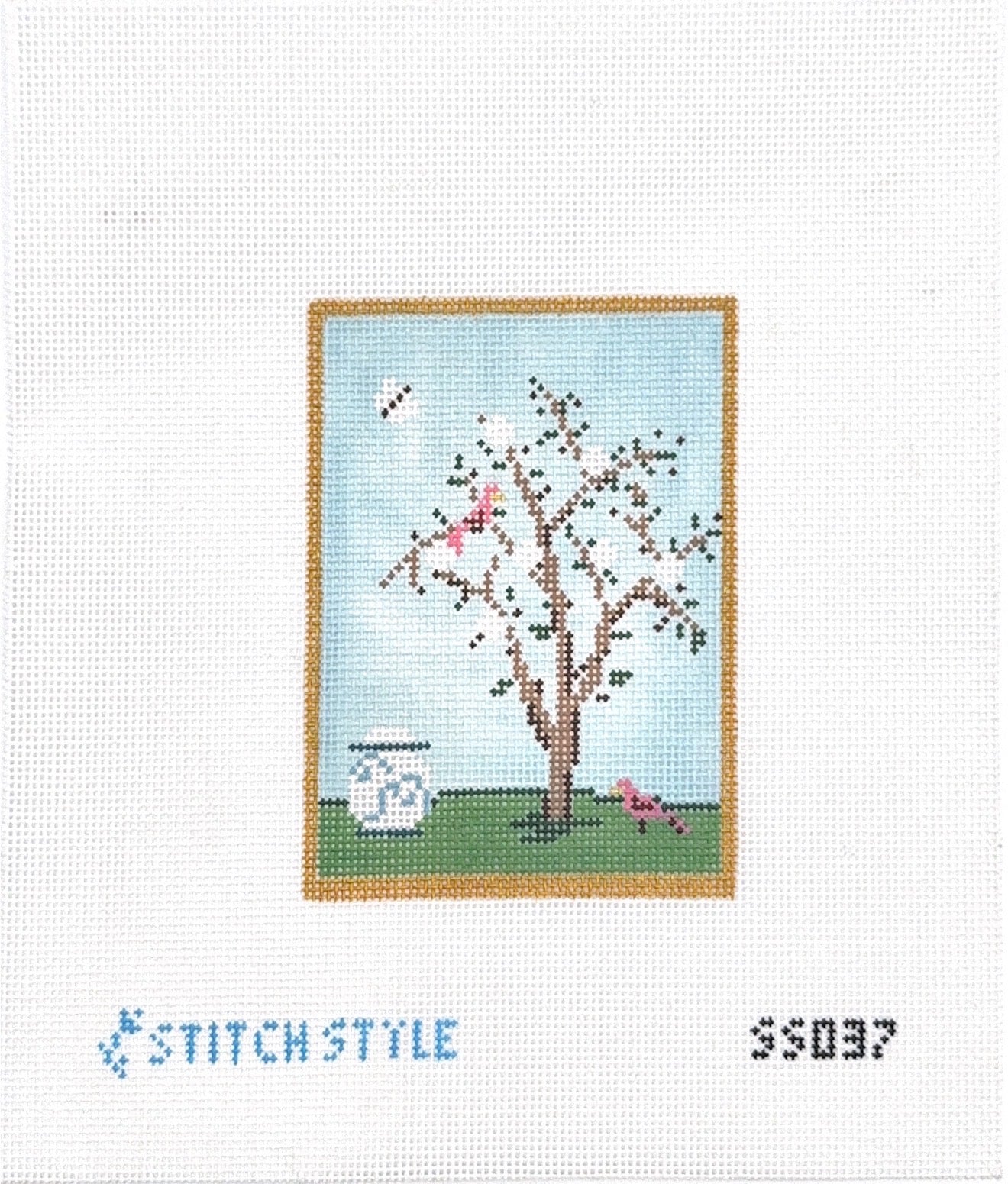 Chinoiserie Silk Screen Blue with Stitch Guide