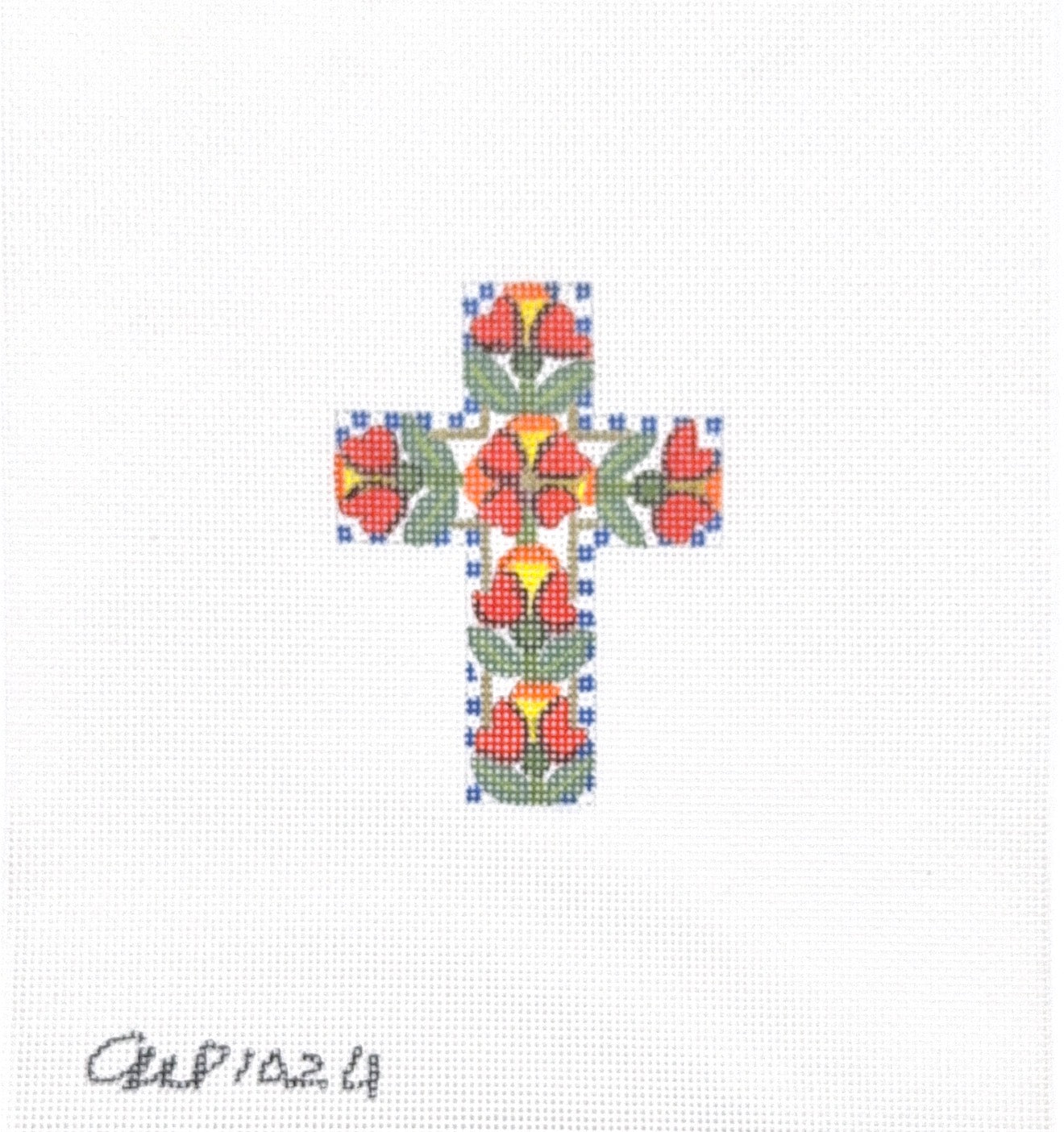Mini Red Floral Blue Outline Cross 1024